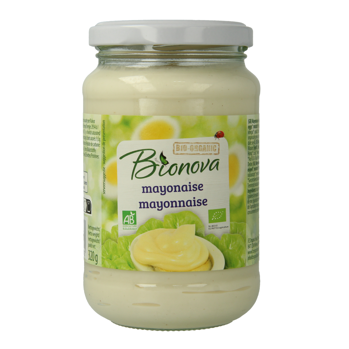 Bionova bio mayonnaise in 320g jar, creamy sauce for sandwiches and salads, labeled as a natural sauce and flavor enhancer.