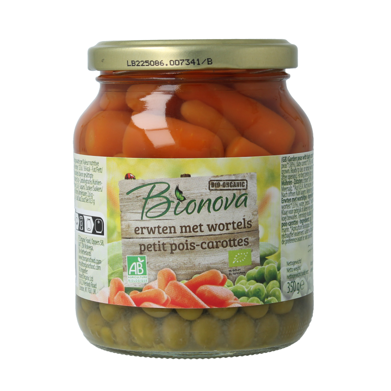 Bionova organic peas and carrots in 350g packaging, fresh green peas and orange carrots in clear packaging.