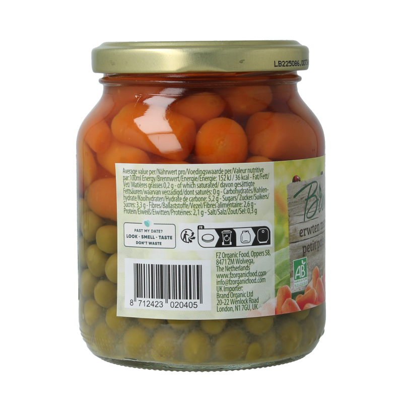 Bionova organic peas with carrots in a 350g package, fresh green peas and orange carrot pieces visible in the image.