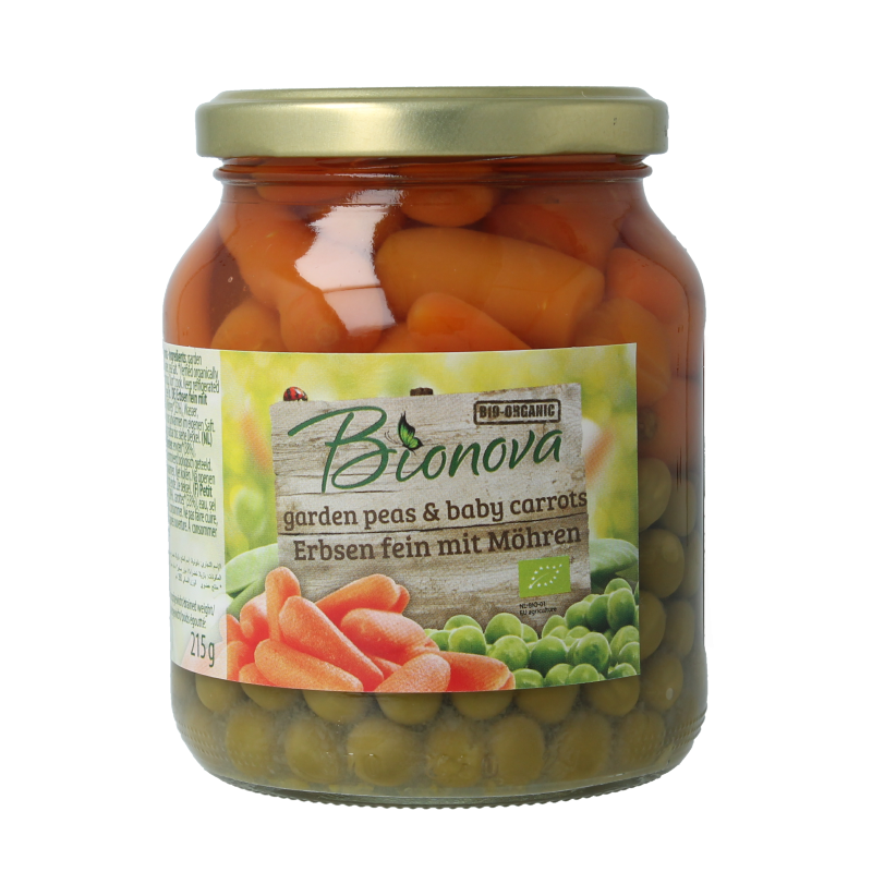 Bionova organic green peas with carrots in a 350g package, fresh and vibrant vegetables for cooking or salads.