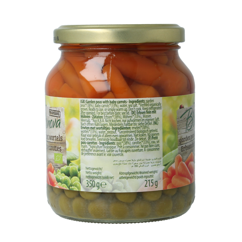Bionova organic peas with carrots in a 350g pack, fresh green peas and orange carrots visible in clear packaging.