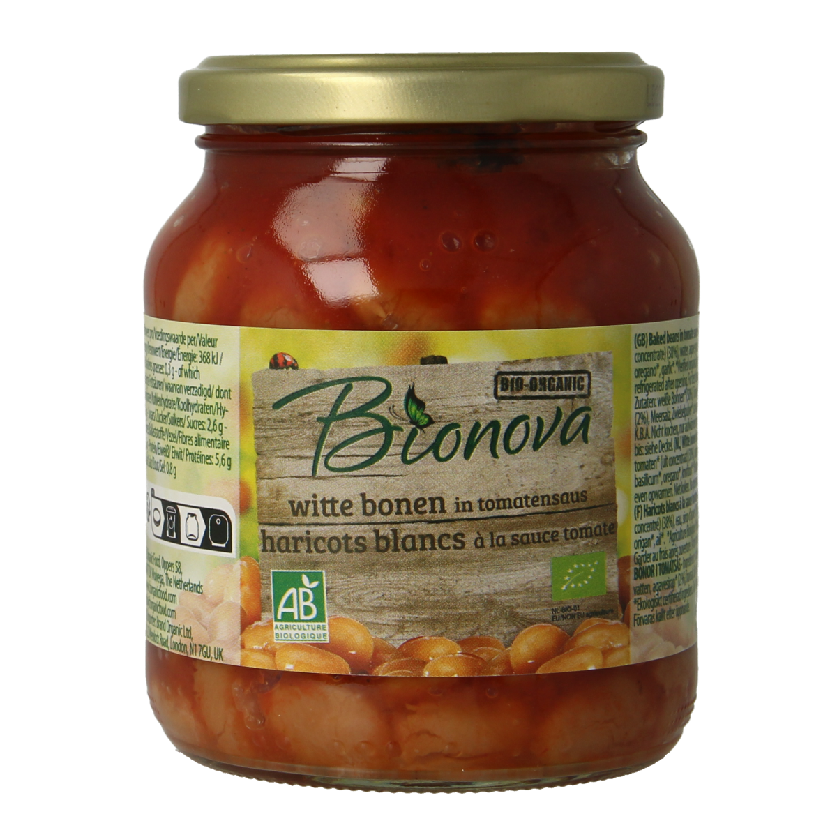 Bionova Witten bonen in tomatensaus bio, 350g, featuring cooked white beans in rich tomato sauce.