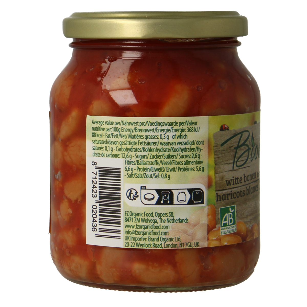 Bionova Witten bonen in tomatensaus bio, 350g, a healthy vegetable product from Bionova in a can with beans in tomato sauce.