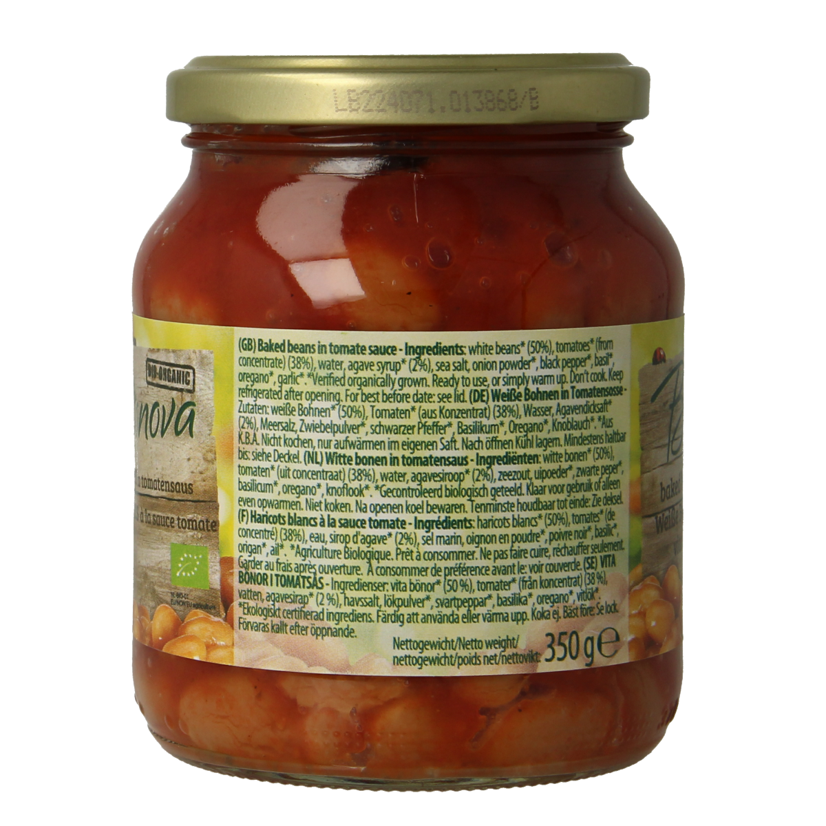 Bionova Witten bonen in tomatensaus bio 350g, canned organic beans in tomato sauce, with label and product visible.