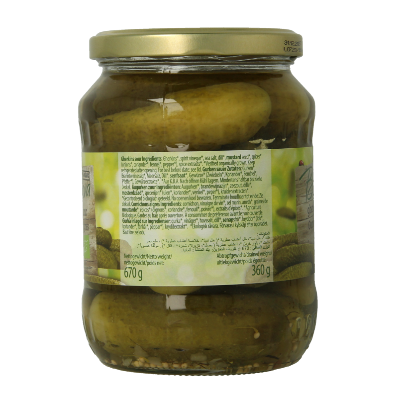 Bionova organic pickled cucumbers in a 670g jar, fresh green and sliced visible, from Bionova's vegetable and fruit range.