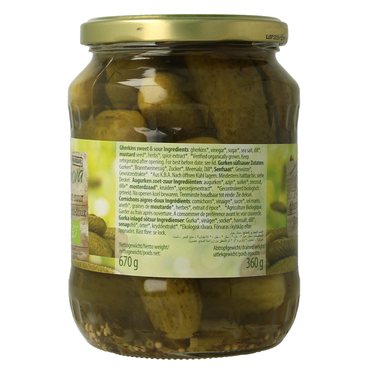 Bionova sweet and sour organic gherkins in a 670g jar, fresh, crunchy pickled vegetables for salads and snacks.