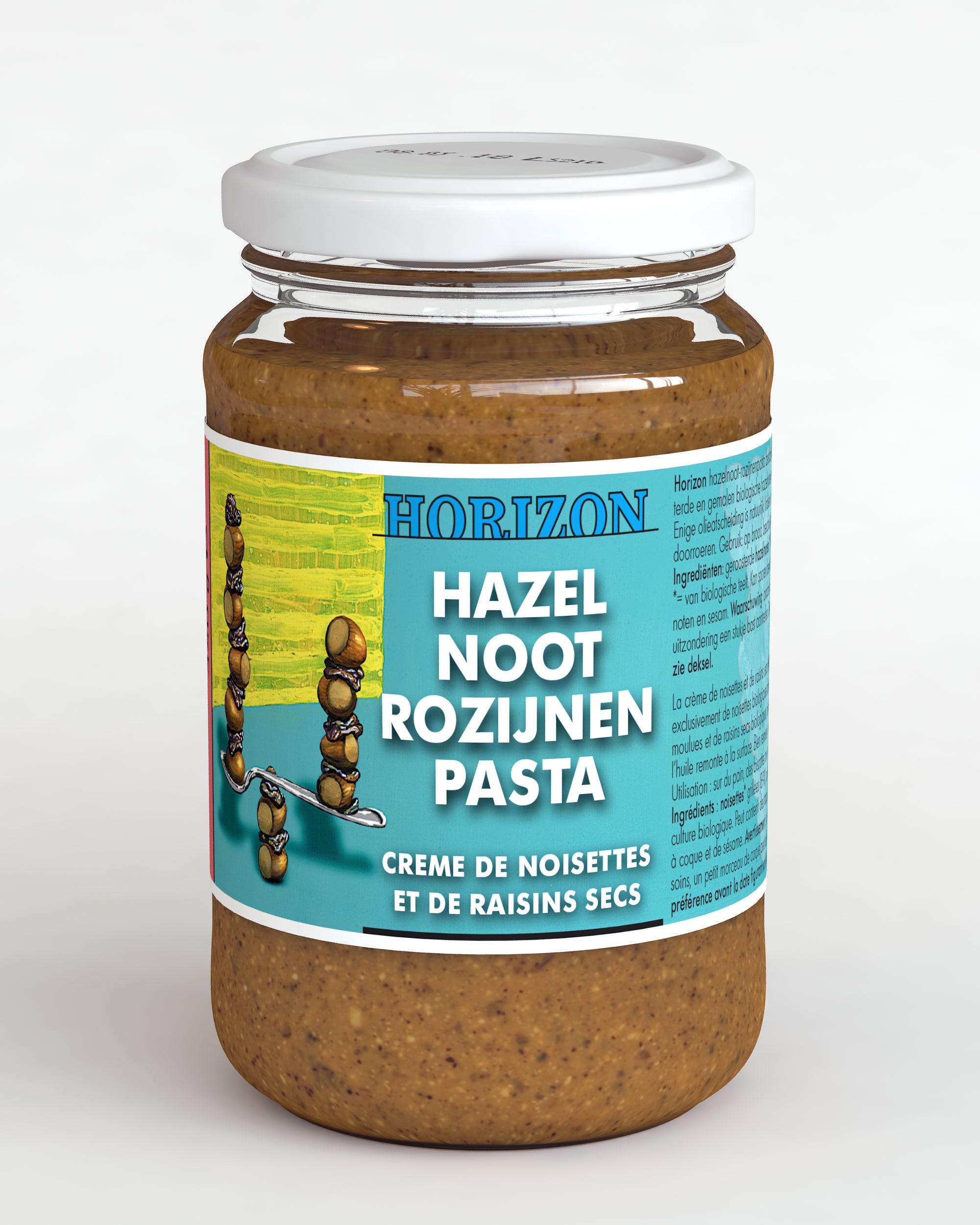 Horizon hazelnut and raisin organic spread on bread, 350g, natural and creamy broodbeleg with hazelnuts and raisins.