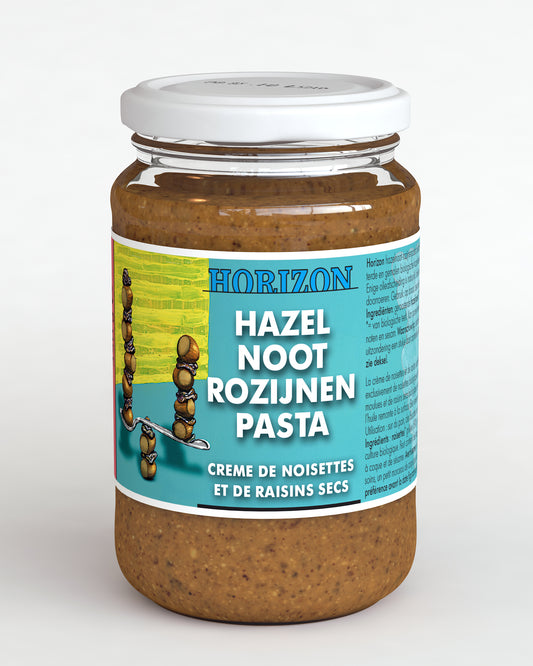 Horizon hazelnut and raisin organic spread on bread, 350g, natural and creamy broodbeleg with hazelnuts and raisins.