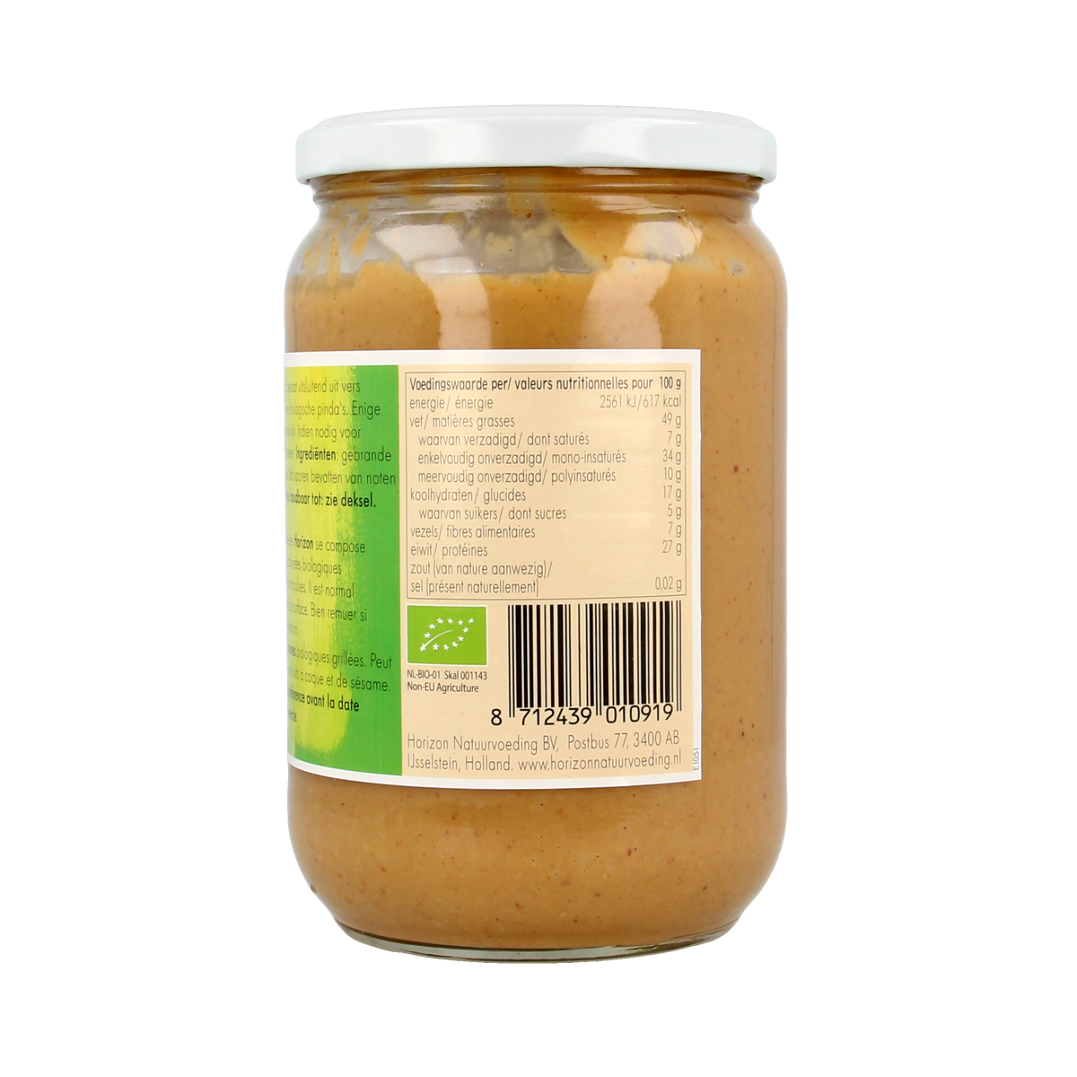 Organic Horizon peanut butter without salt in a 650g jar, shown spread on bread with a smooth texture and natural color.