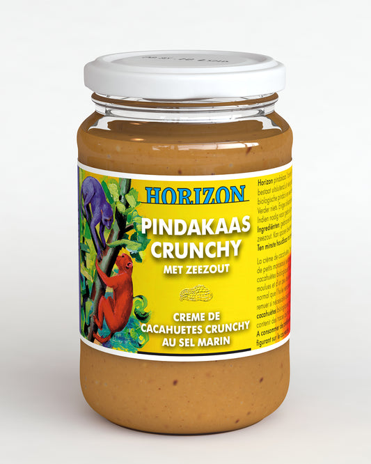 Crunchy Horizon Pindakaas with sea salt, organic peanut butter spread on bread, 350 grams, natural and flavorful.