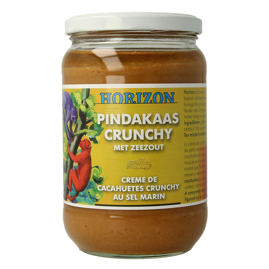 Crunchy Horizon Pindakaas with sea salt, organic peanut butter spread on bread, 650g jar with textured peanut pieces and sea salt crystals.