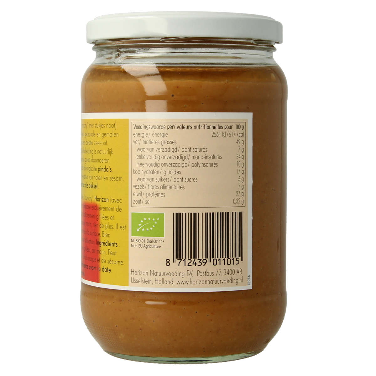 Crunchy Horizon Pindakaas with sea salt, organic peanut butter spread on bread, 650g jar, natural and rich flavor.