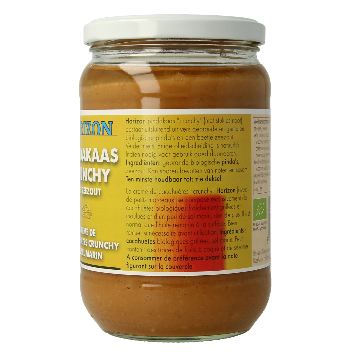 Crunchy Horizon Pindakaas with sea salt, organic peanut butter spread on bread, 650g jar, natural and rich flavor.