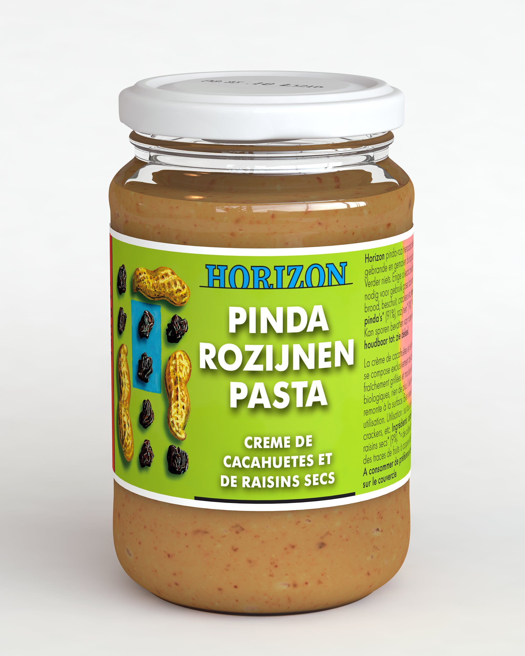 Horizon organic Pinda-rozijnenpasta spread on bread, 350g jar with peanut and raisin ingredients visible.