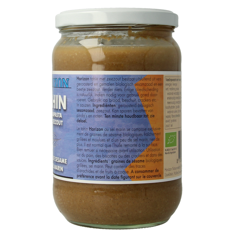 Organic Horizon Tahin met zeezout spread in 650g jar, natural sesame paste with sea salt, suitable for bread toppings.
