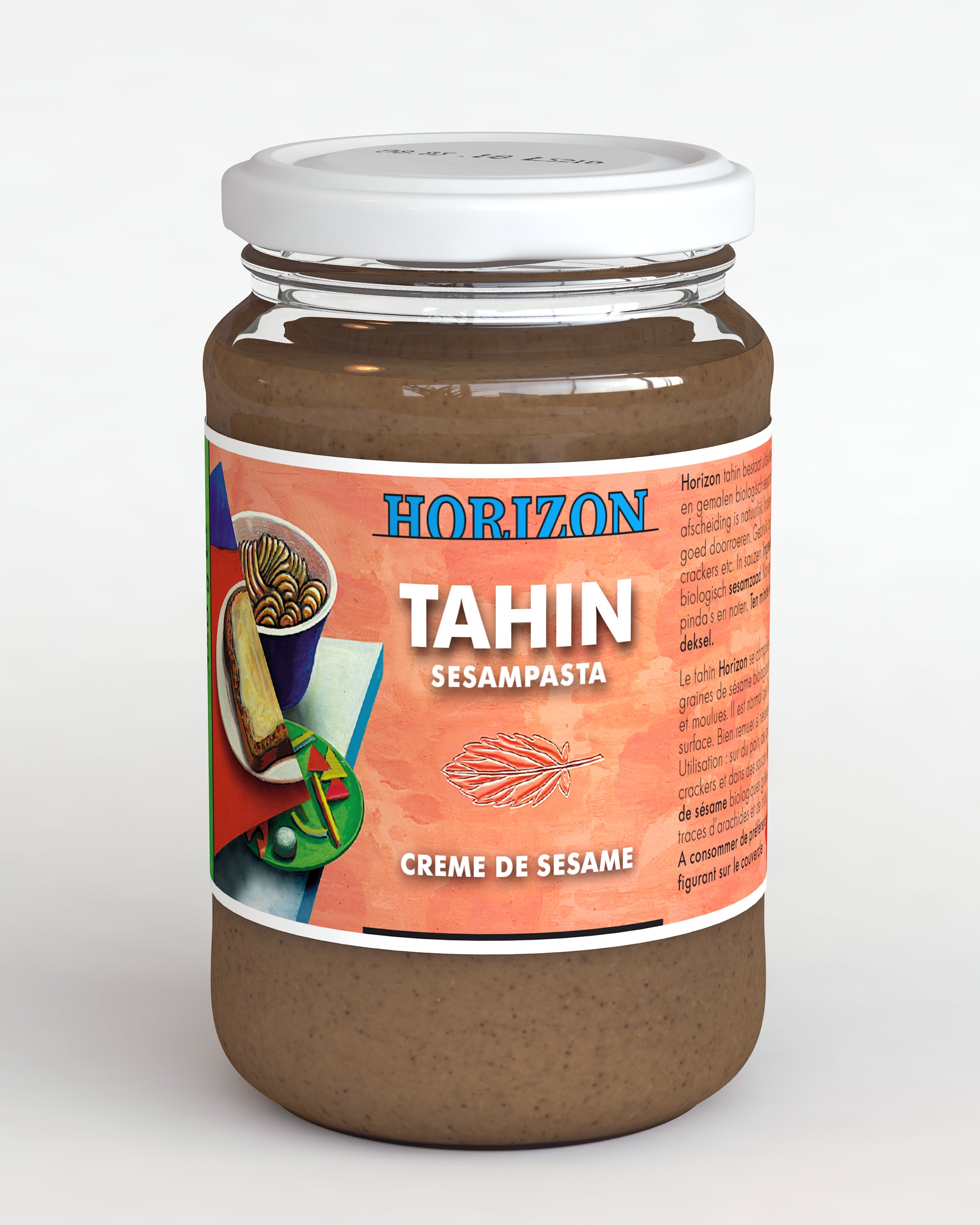 Horizon organic unsalted tahini spread in a jar, eco-friendly 350g, with a smooth creamy texture and sesame seeds visible inside.