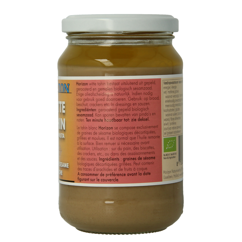 Horizon bio white tahini spread in a 350g jar, natural organic bread topping with a smooth creamy texture.