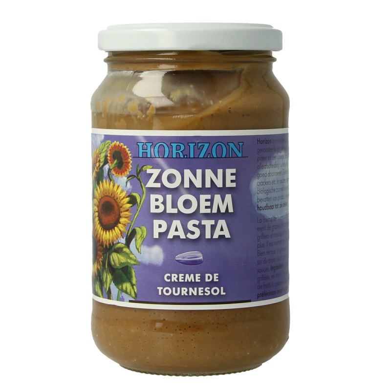 Horizon bio zonneboempasta met zout, 350g, als broodbeleg met zonnebloempitten en natuurlijke ingrediënten op een toast.