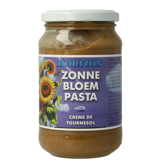 Horizon bio zonneboempasta met zout, 350g, als broodbeleg met zonnebloempitten en natuurlijke ingrediënten op een toast.
