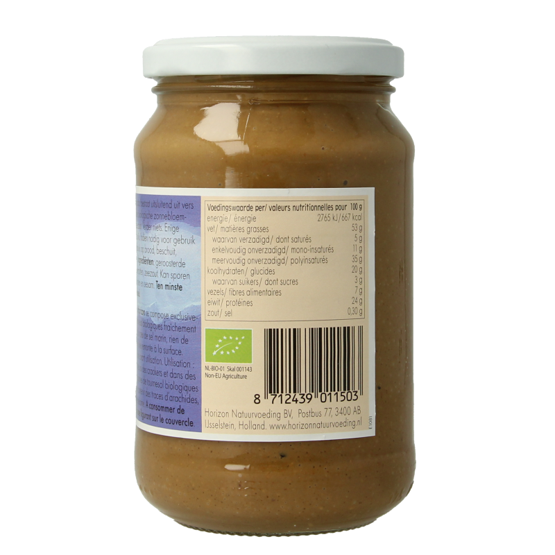 Horizon biologische zonnebloempasta met zout, 350g, smeerbare broodbeleg met zonnebloempitten en natuurlijke ingrediënten.