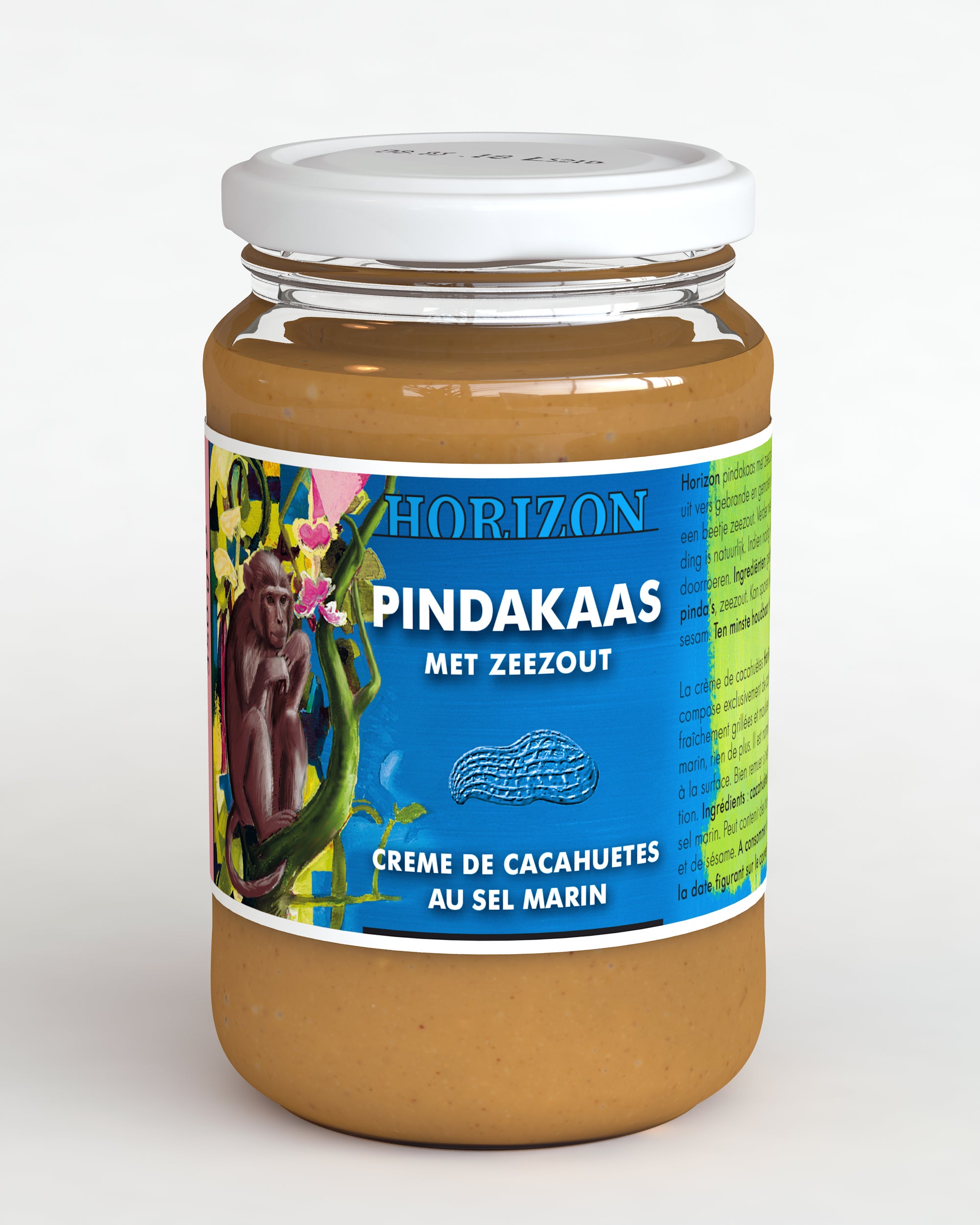 Eco Horizon peanut butter with sea salt on bread, 350g, natural and organic, creamy texture and rich flavor.