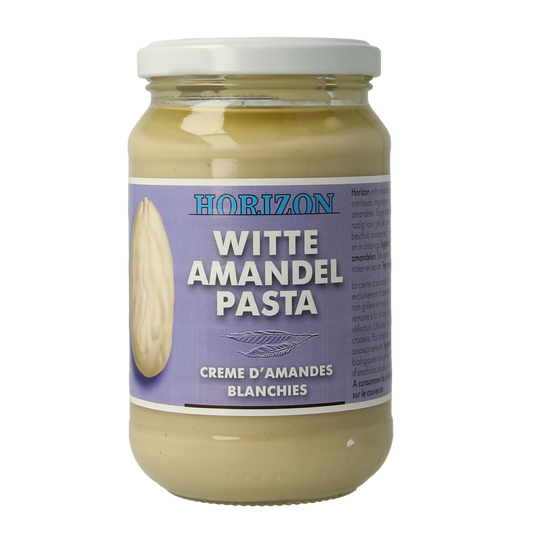 Horizon organic white almond spread on bread, 350g jar, natural almond flavor, eco-friendly bio broodbeleg, creamy texture.