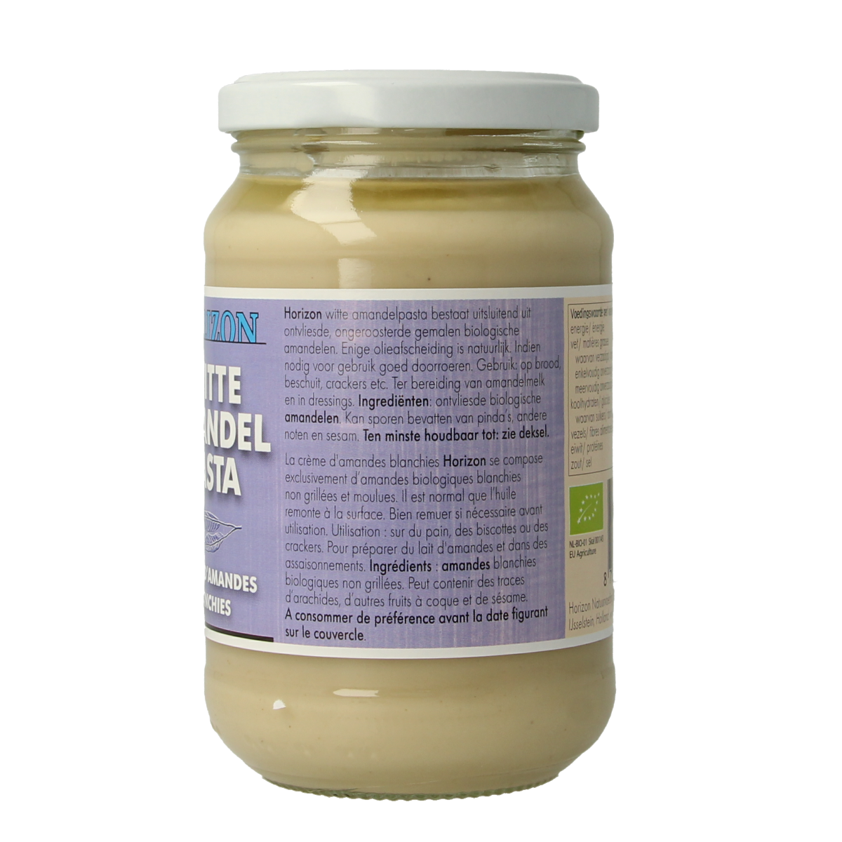 Horizon biologische witte amandelpasta spread on bread, 350g jar, eco-friendly almond-based broodbeleg with a smooth texture.