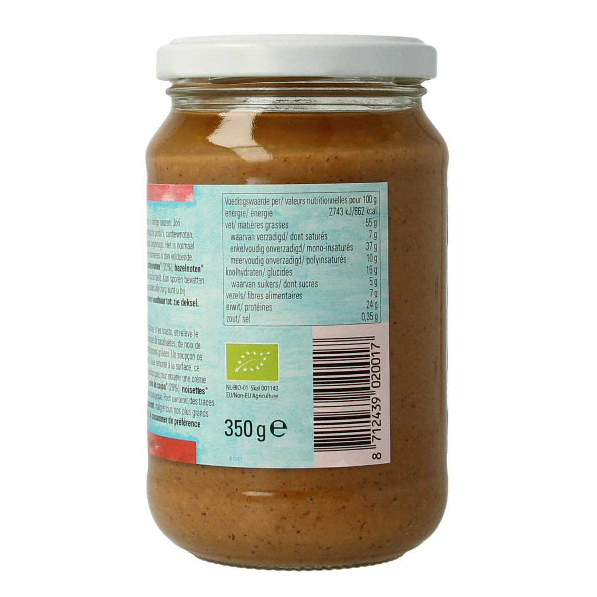 Jori 4 Noten pasta met zout bio broodbeleg spread in a jar, showing the label and creamy texture on a white background.