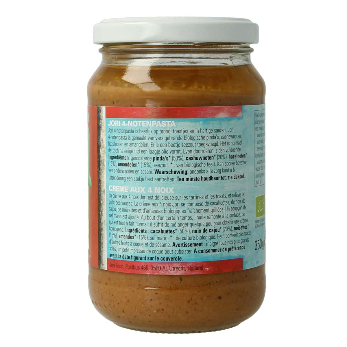 Jori 4 Noten pasta met zout bio, 350g, view of the package showing the product label and branding.