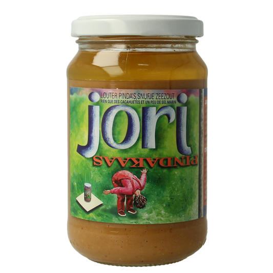 Jori organic salted peanut butter spread on bread, 350g jar, creamy texture, natural ingredients, eco-friendly product.