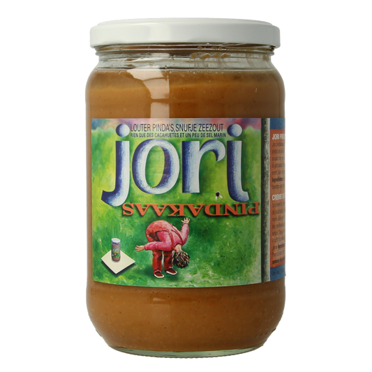 Jori organic salted peanut butter spread on bread, 650 grams, close-up of creamy peanut butter with salt crystals visible