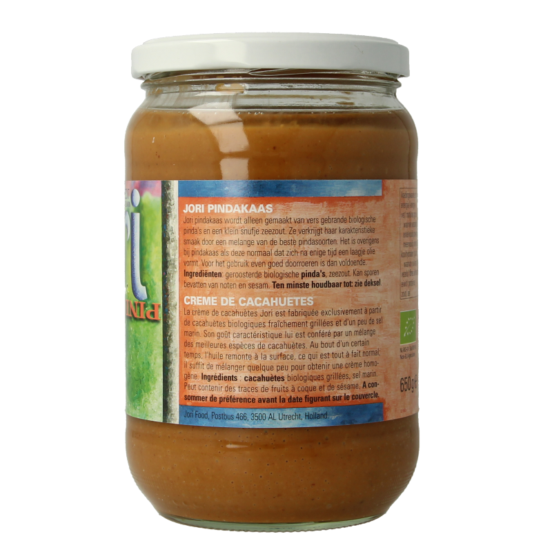 Jori organic salted peanut butter spread on bread, 650 grams, natural broodbeleg with rich peanut flavor and coarse salt.