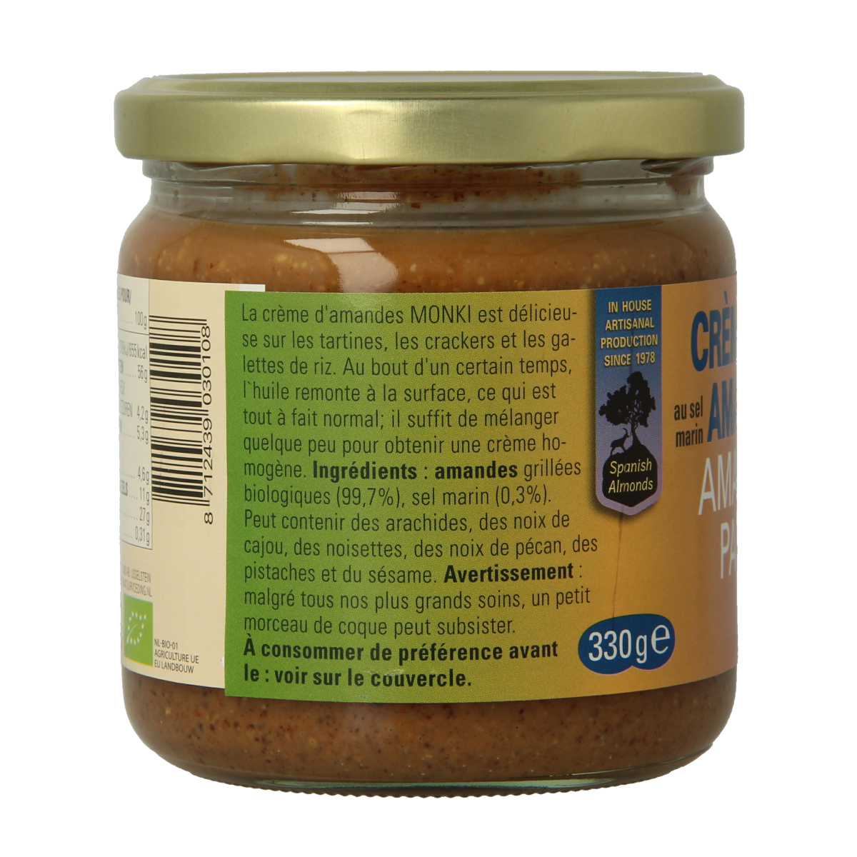 Organic Monki almond paste with salt, 330g, spreadable bread topping in a jar, rich almond flavor with a hint of salt.