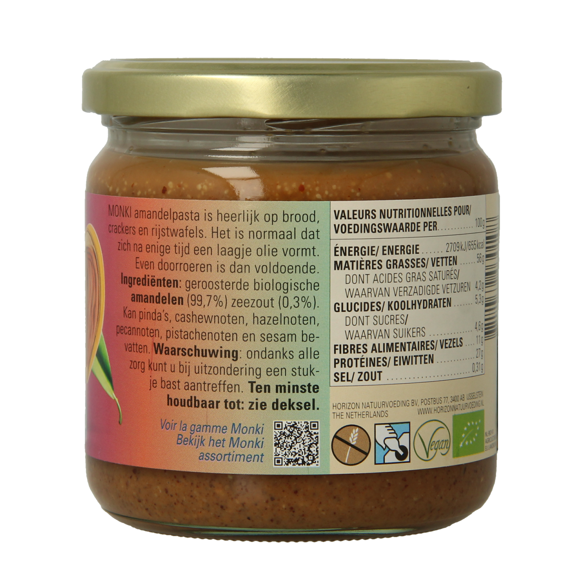 Organic Monki almond butter with salt, 330g, a natural spread for bread and toast, shown in the product image.