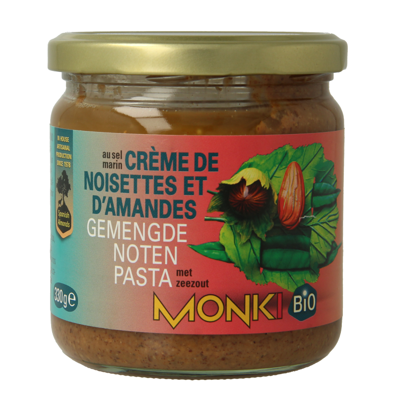 Monki organic mixed nut spread with salt in a 330g jar, ideal for bread toppings and spreads.