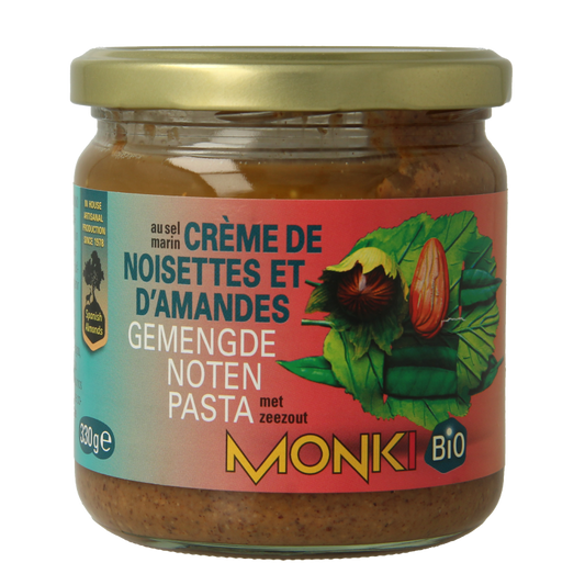 Monki organic mixed nut spread with salt in a 330g jar, ideal for bread toppings and spreads.