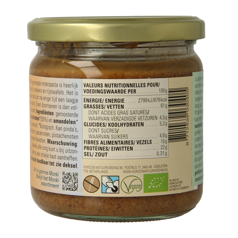 Monki organic mixed nut spread with salt in a 330g jar, ideal as a bread topping or snack.