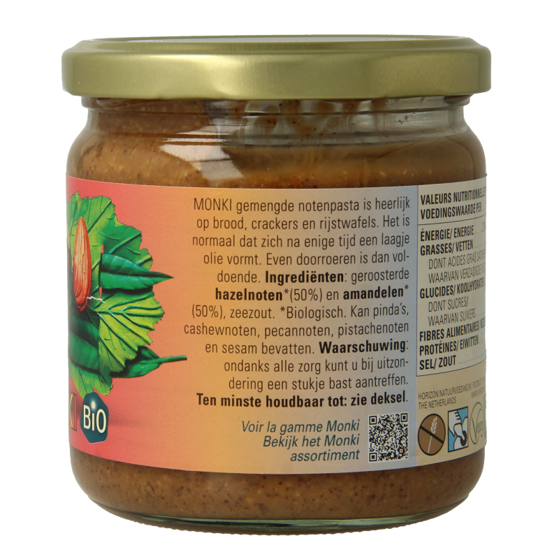 Organic Monki mixed nut spread with salt, 330g, as a natural bread topping, featuring a blend of nuts and a hint of salt.