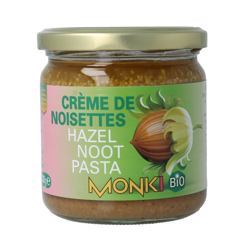 Organic Monki hazelnut spread on bread, 330g jar, natural and creamy with a smooth texture.