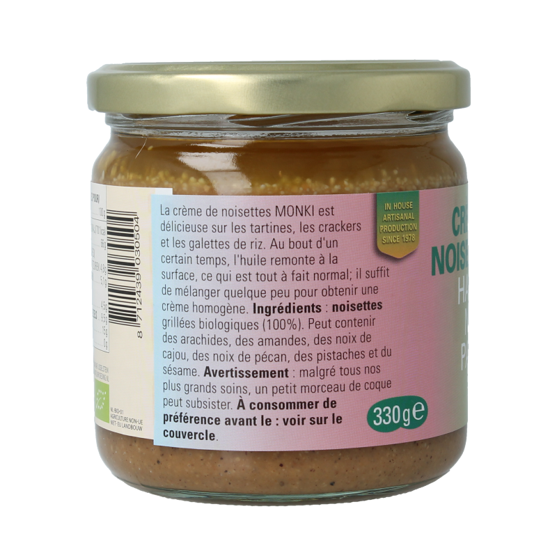 Organic Monki Hazelnootpasta eco bio spread on bread, 330 grams, with a smooth hazelnut and cocoa texture.