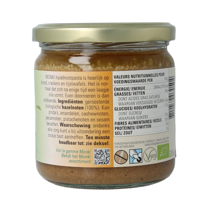 Organic hazelnut spread by Monki, 330g jar, smooth and creamy, ideal for bread or toast.