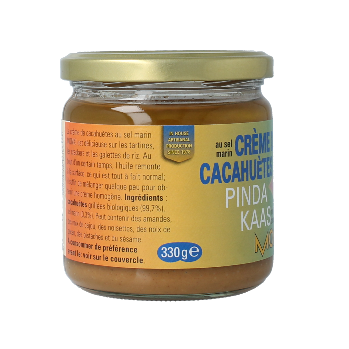 Monki organic salted peanut butter spread on bread, 330g jar, natural and creamy broodbak beleg with salt.