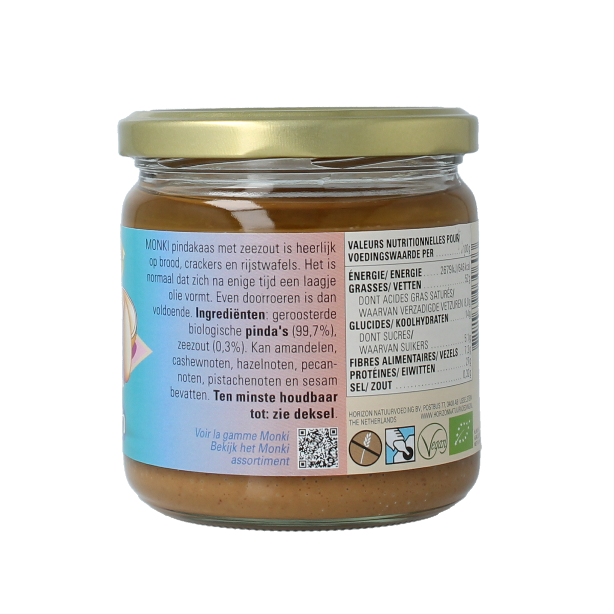 Organic Monki peanut butter with salt, 330g, spread on bread, showcasing the creamy texture and natural ingredients.