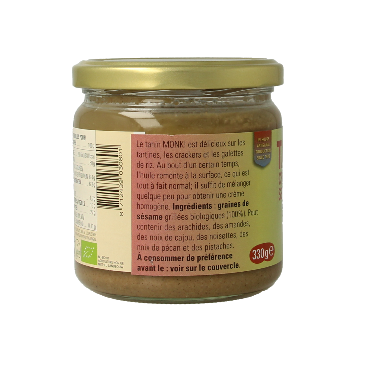 Monki tahin zonder zout bio broodbeleg in 330g jar, creamy sesame paste for healthy spreads and sandwiches.