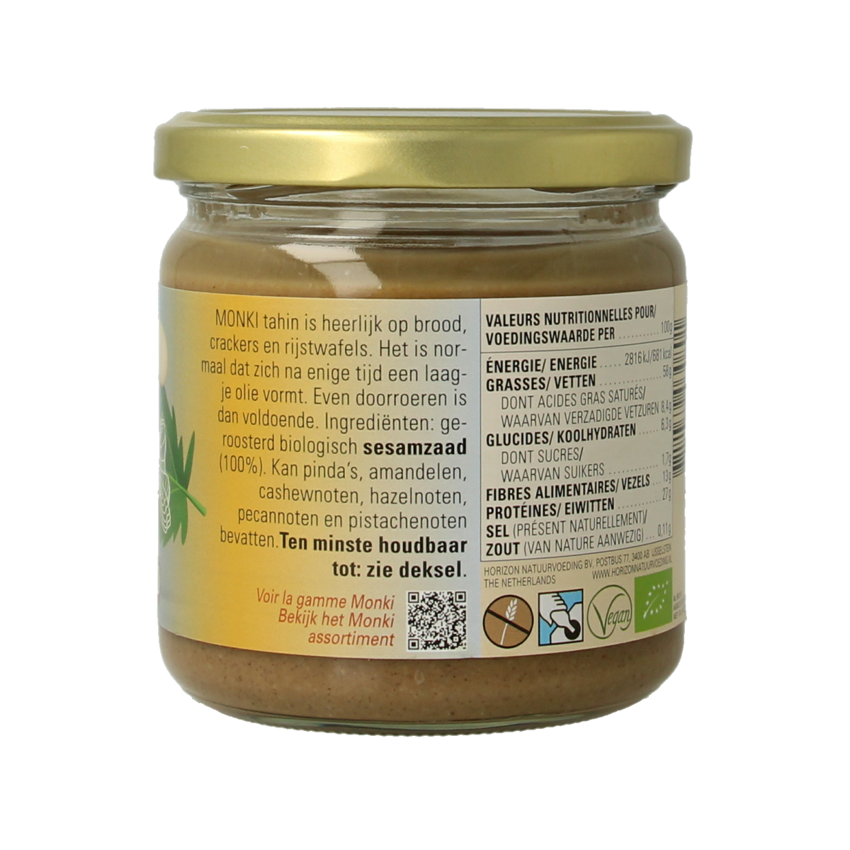 Monki Tahin zonder zout bio broodbeleg in 330g jar, organic sesame paste without added salt, natural and healthy spread