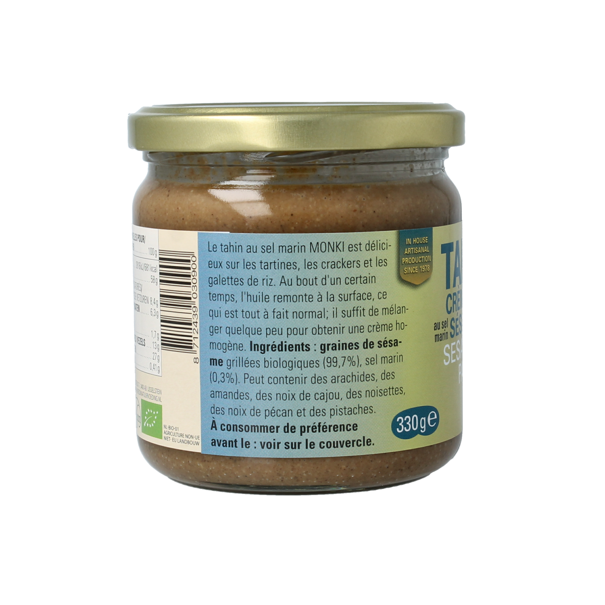 Monki tahini with salt organic spread on bread, 330 grams, natural and nutritious broodbeleg from Monki.