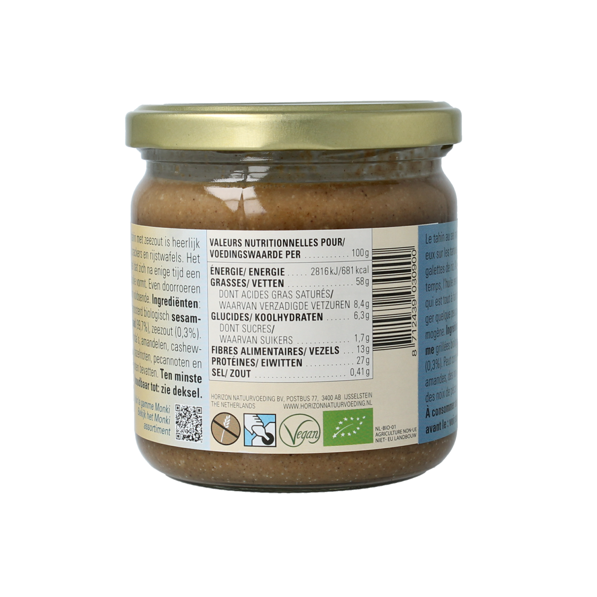 Monki Tahin met zout bio organic spread on bread, 330g, natural sesame paste with salt, ideal for sandwiches and snacks