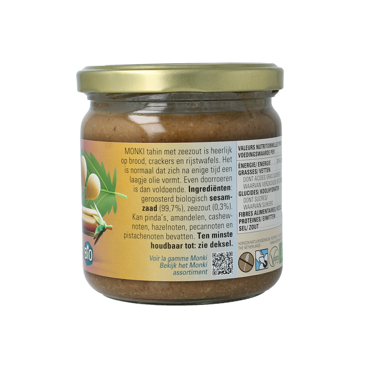 Monki Tahin met zout bio organic spread on bread, 330g jar, natural sesame paste with salt for healthy breakfast or snacks.
