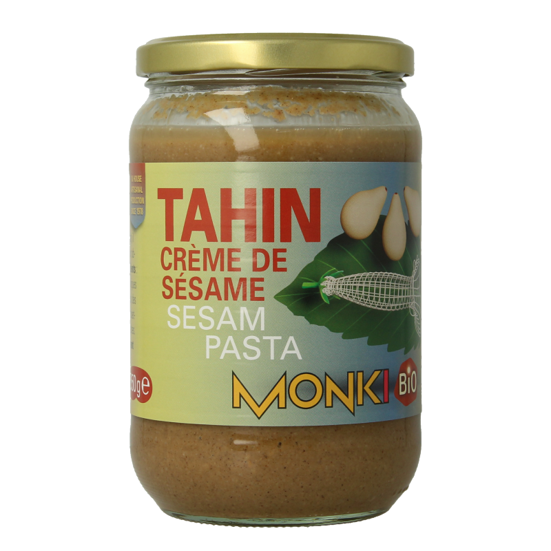 Monki Tahin zoutarm eko bio broodbeleg in 650g jar, creamy organic sesame paste with low salt content, perfect for sandwiches.
