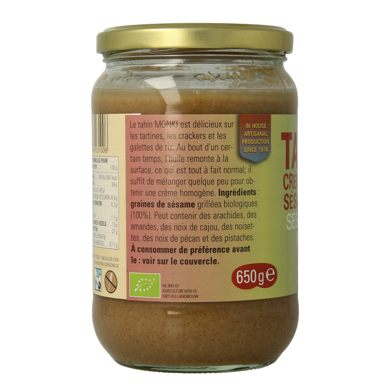 Monki Tahin zoutarm bio broodbeleg in 650 gram jar, organic low-salt tahini spread with sesame seeds.